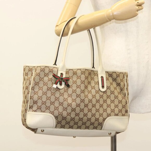 GUCCI GG Canvas Web Sherry Line Pretty Tote Bag Beige Gold 163805 Auth BA4357 - Picture 3 of 16